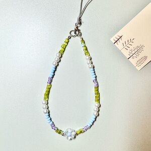 Handmade Phone Strap with Green Blue Purple Beads Flower Charm Phone Accessories
